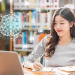 A student writing notes while using a laptop with AI icons overlaid.