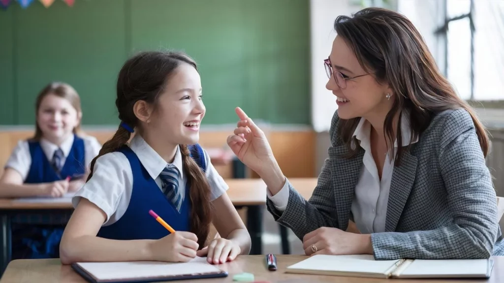 A teacher talking with a smiling student in a classroom.