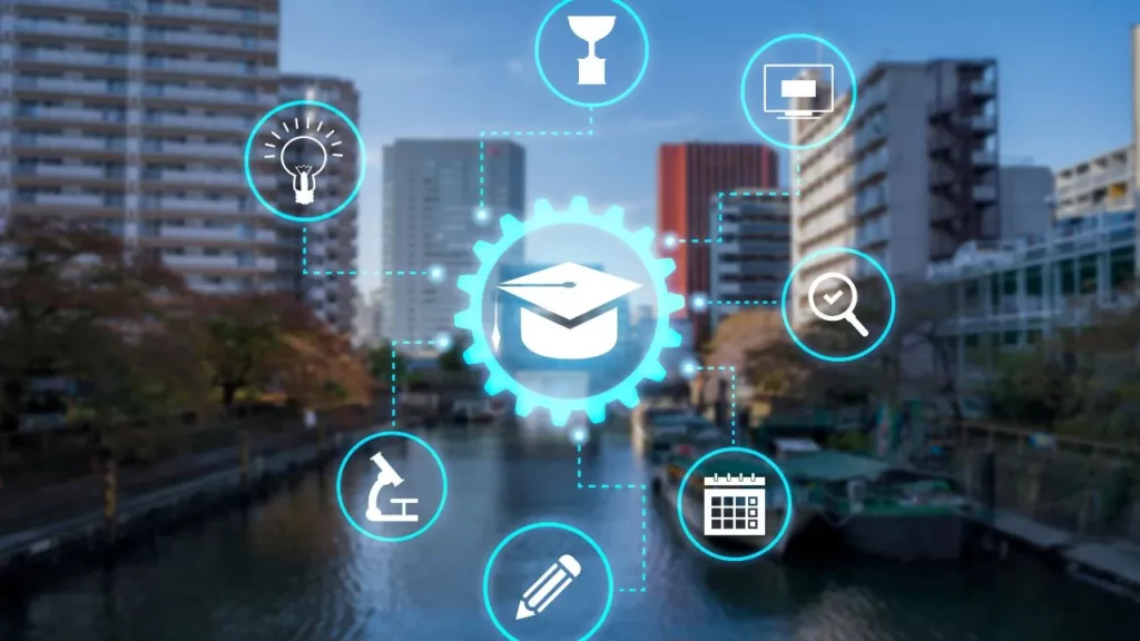 Digital concept art of education and innovation: central graduation cap in a gear, surrounded by icons for ideas, science, achievement, learning tools, and research, over a modern city river landscape at twilight.