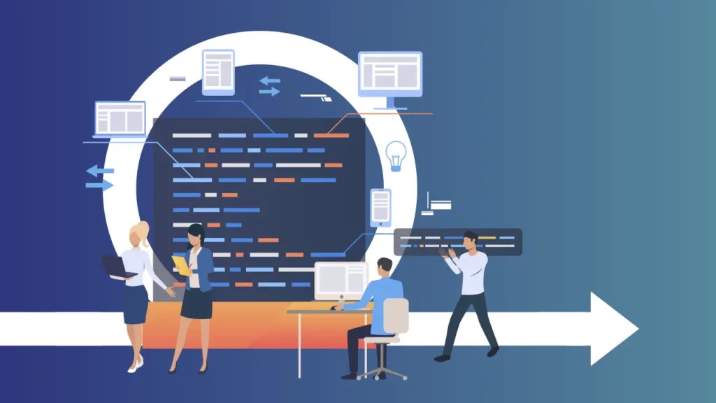 A group of programmers sorting out code.