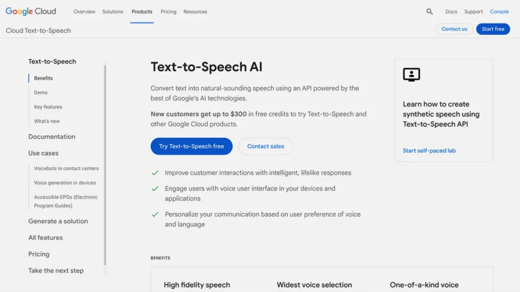 Google Cloud Text-to-Speech AI page.