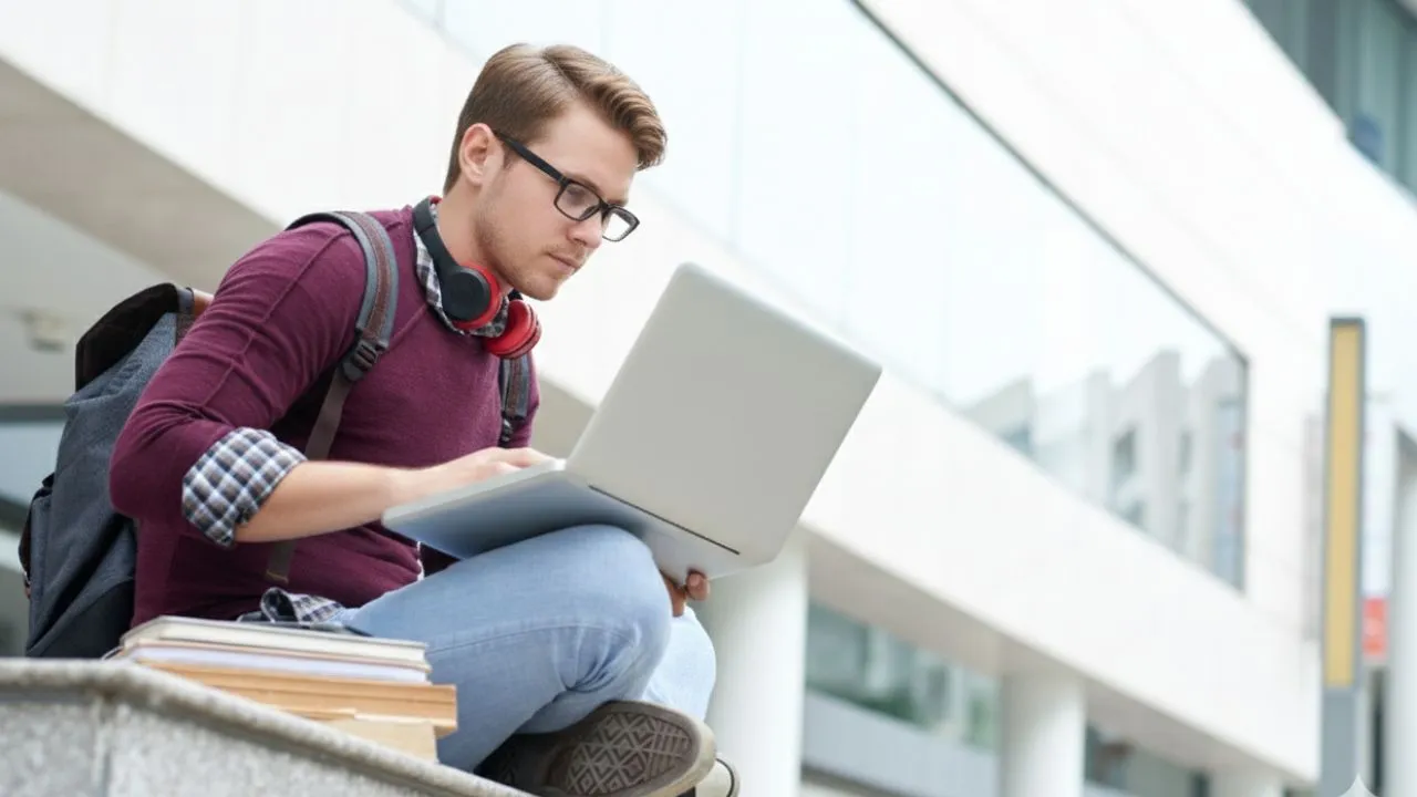 Young man with headphones and maroon sweater, working on laptop while sitting on campus steps.