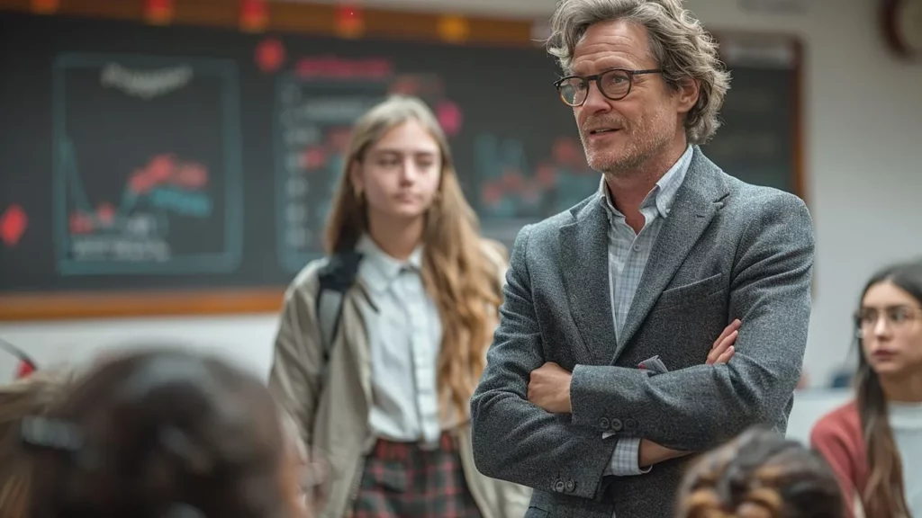 Middle-aged male teacher in gray blazer, arms crossed, teaching high-school class with charts on the board.