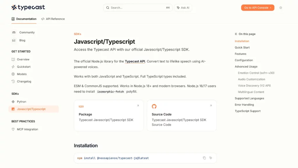 Typecast's API Javascript/Typescript docs page.