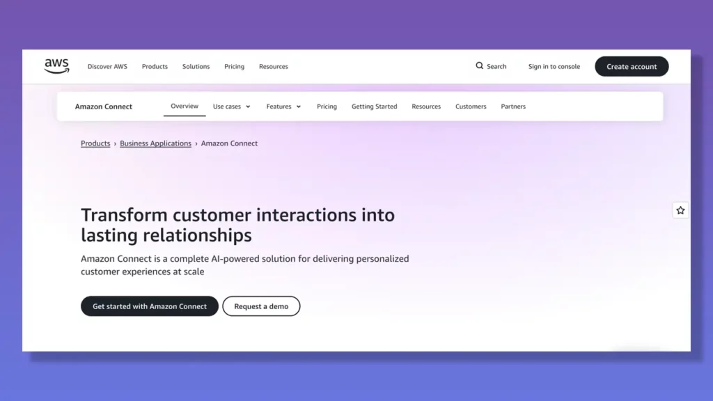 Amazon Connect landing page.