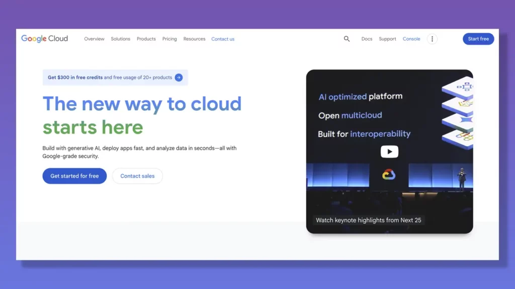 Gloogle Cloud landing page.