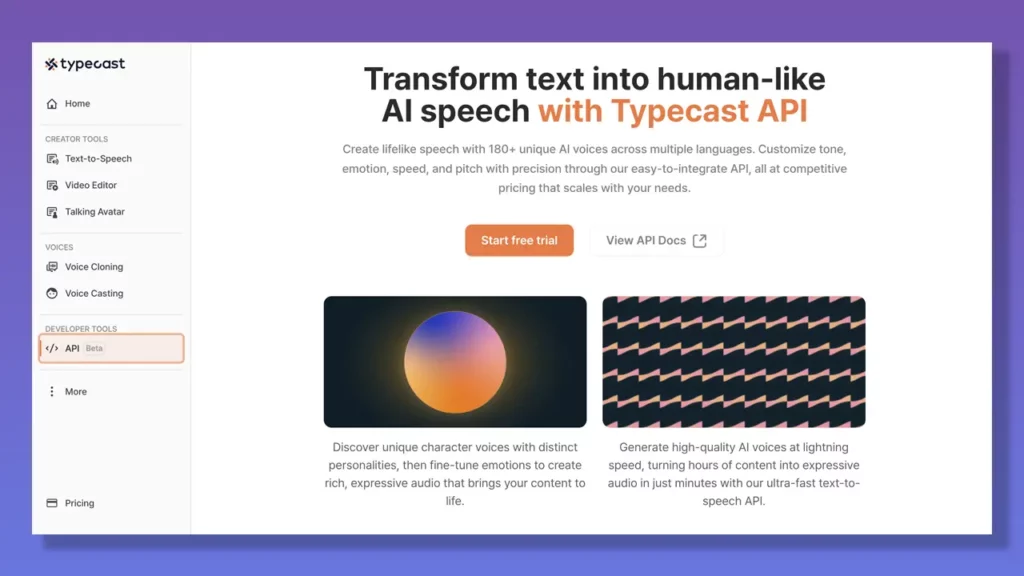 Typecast API landing page.