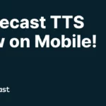 Typecast TTS now available on mobile! Bold white text announcement with orange lightning bolt and Typecast logo on dark background.