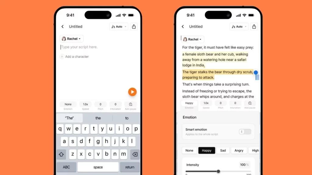 Two mobile app screenshots of Typecast TTS interface