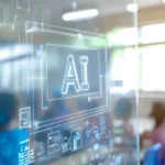 A digital "AI" logo overlaid on a blurred classroom setting with students.