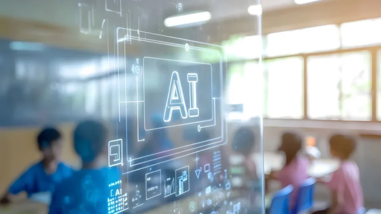 A digital "AI" logo overlaid on a blurred classroom setting with students.