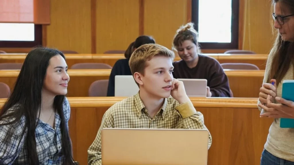 Students engaged in a classroom discussion during a lecture.
