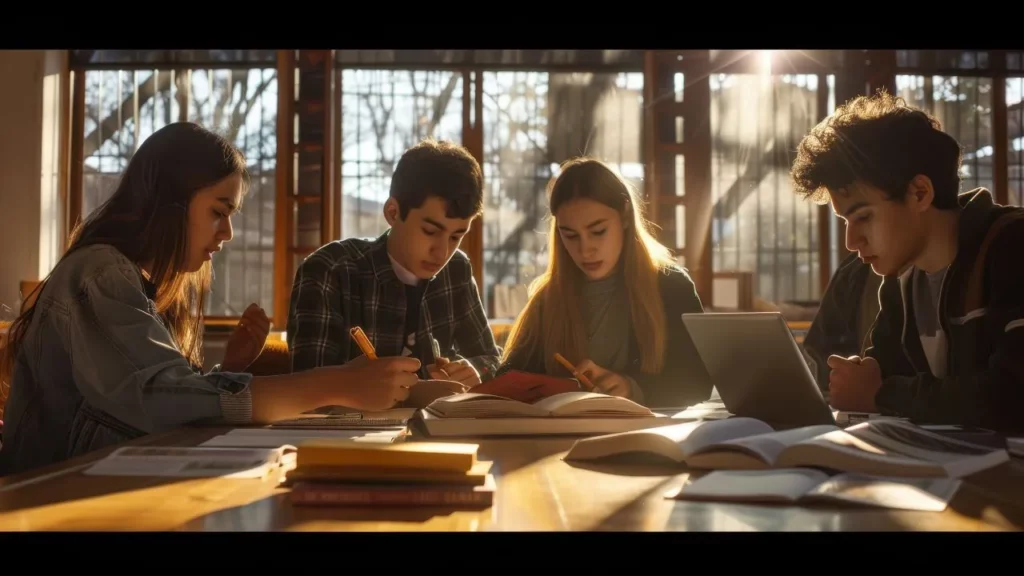 A study group working together at a table in a sunlit library.