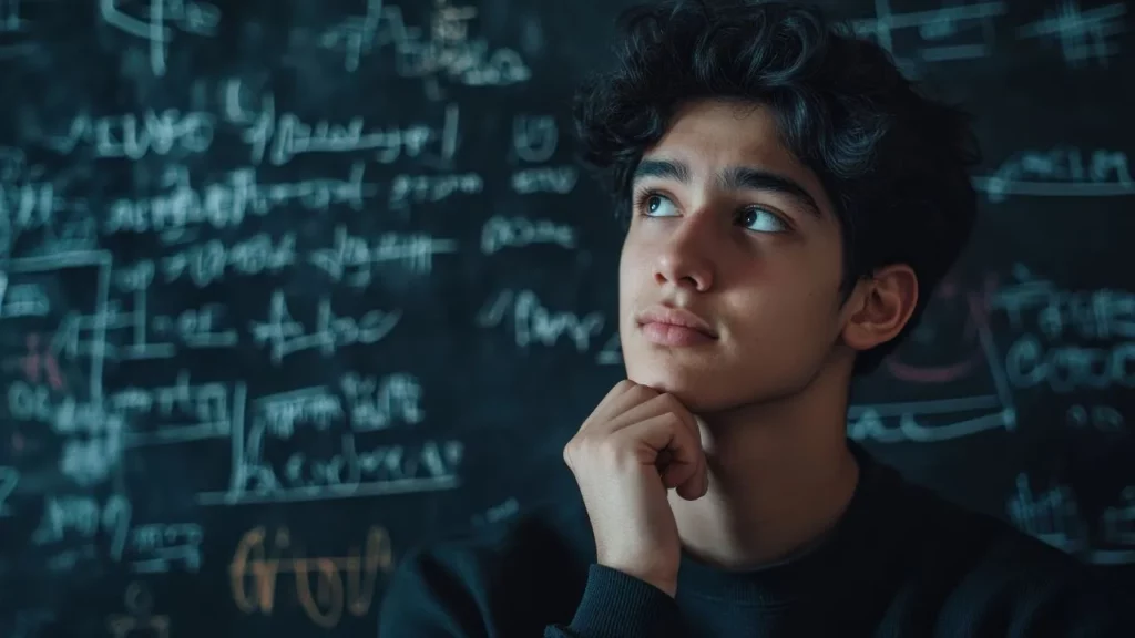 A thoughtful student looking up in front of a chalkboard filled with complex notes.