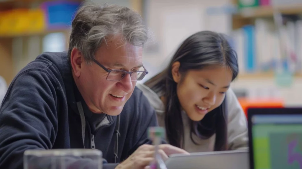 A man and a young girl looking closely at a laptop screen together.