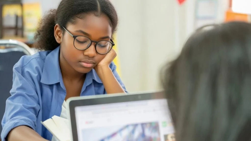 A girl wearing glasses resting her head on her hand while looking at a laptop.