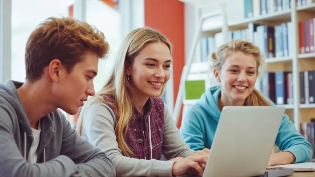 Three college students sitting together looking at a laptop.