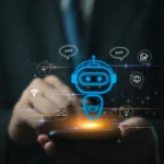 A close-up of a person in a suit holding a smartphone with a glowing blue AI chatbot icon and various digital service icons floating above it.