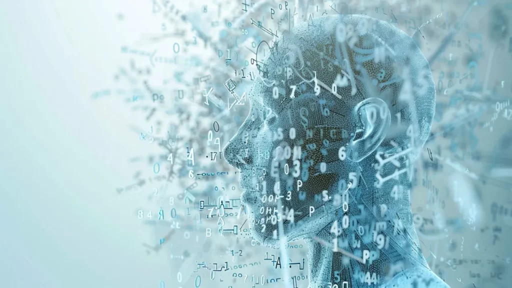 A profile of a human head composed of glowing digital data, numbers, and symbols on a light blue background.