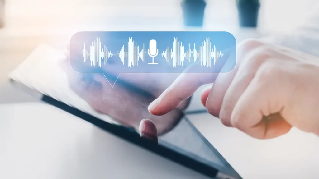 A person listening to AI audio on their tablet.