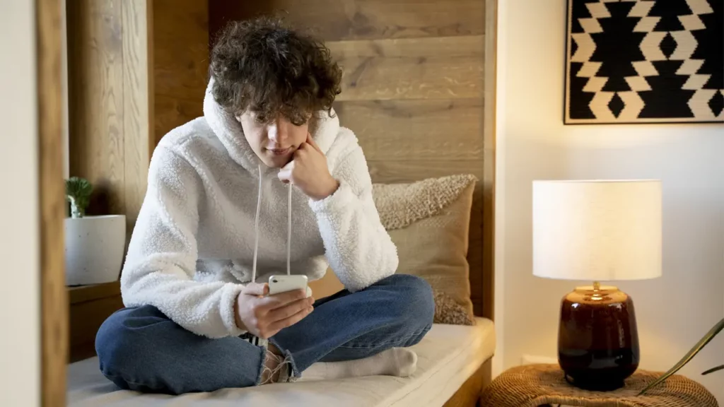 A guy listening to an AI voice on his phone.