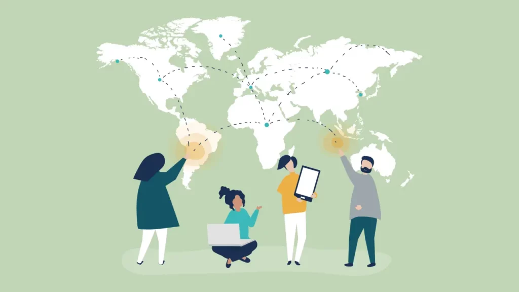 A group of people connecting to others across the world.