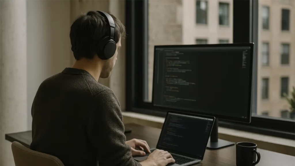 A male developer writing code on their laptop.