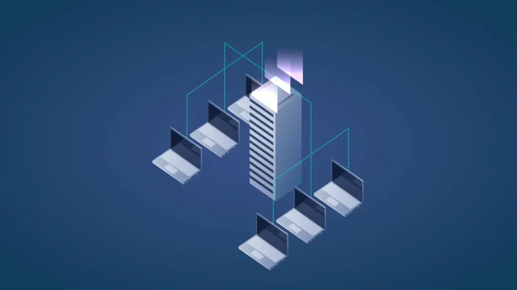 Different laptops all connected to a single server.