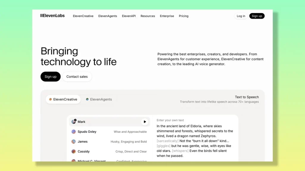 ElevenLabs landing page.