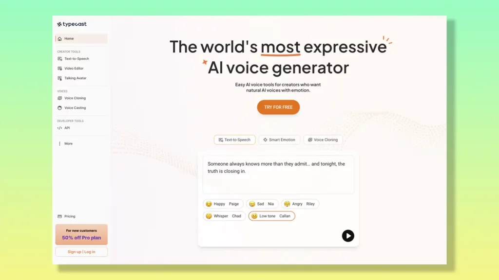 Typecast AI landing page.