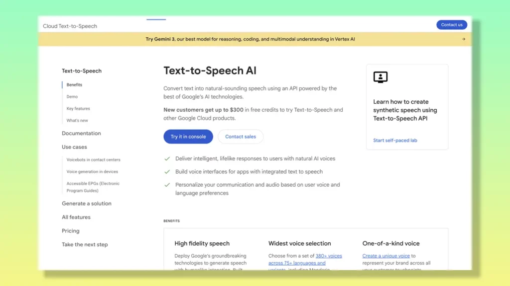 Google Cloud Text-to-Speech landing page.