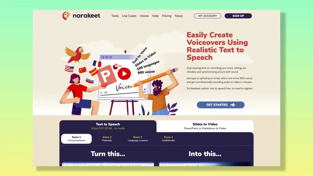 Narakeet landing page.