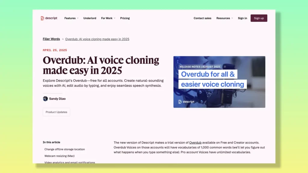 Descript Overdub landing page.
