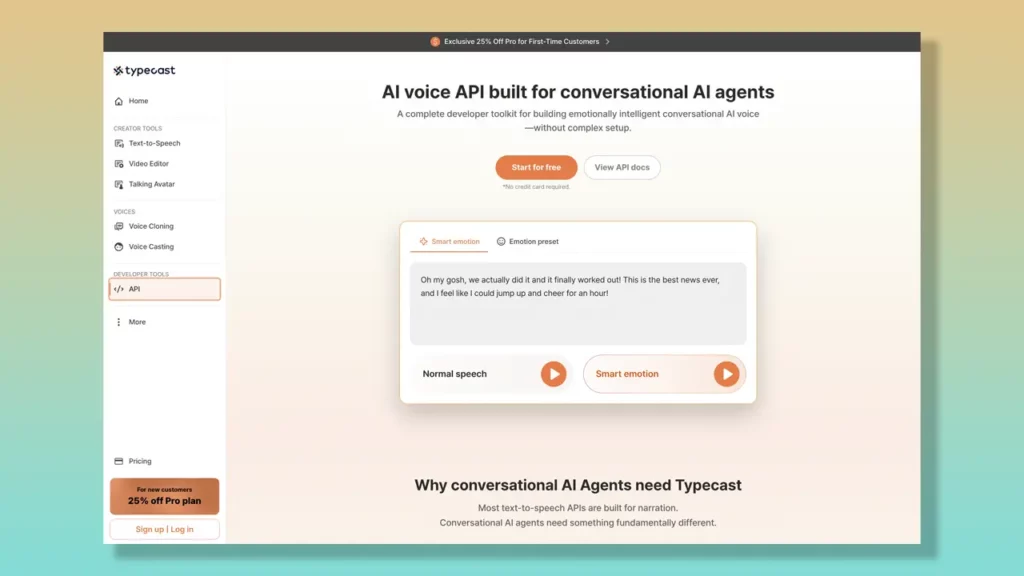 Typecast text-to-speech API landing page.