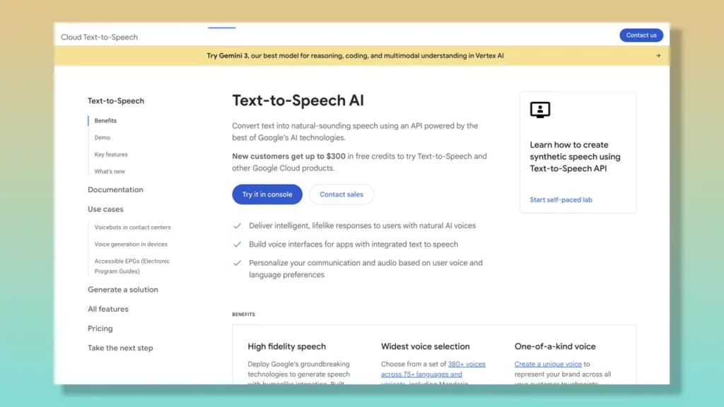 Google Cloud Text-to-Speech landing page.