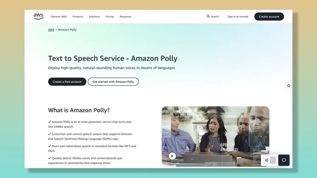 AWS Polly landing page.