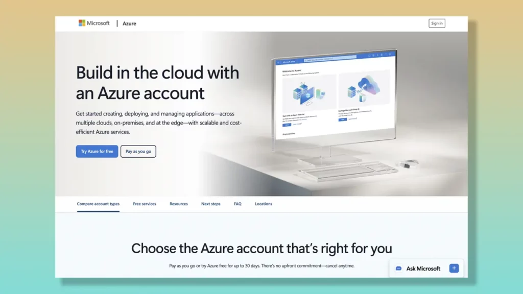 Microsoft Azure landing page.
