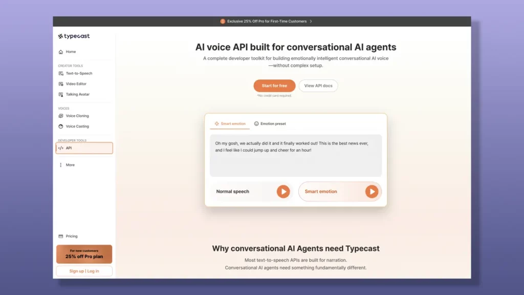 Typecast TTS API landing page.