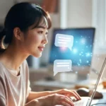 A woman smiling at a laptop with glowing digital chat bubbles hovering in front of the screen.