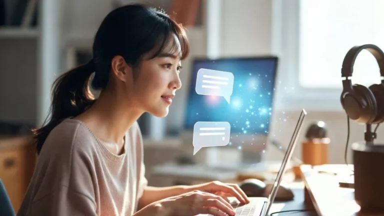 A woman smiling at a laptop with glowing digital chat bubbles hovering in front of the screen.