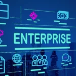A digital graphic with the word "ENTERPRISE" in large blue letters, surrounded by neon-style icons for business strategy, including a briefcase, target, money, globe, and team.