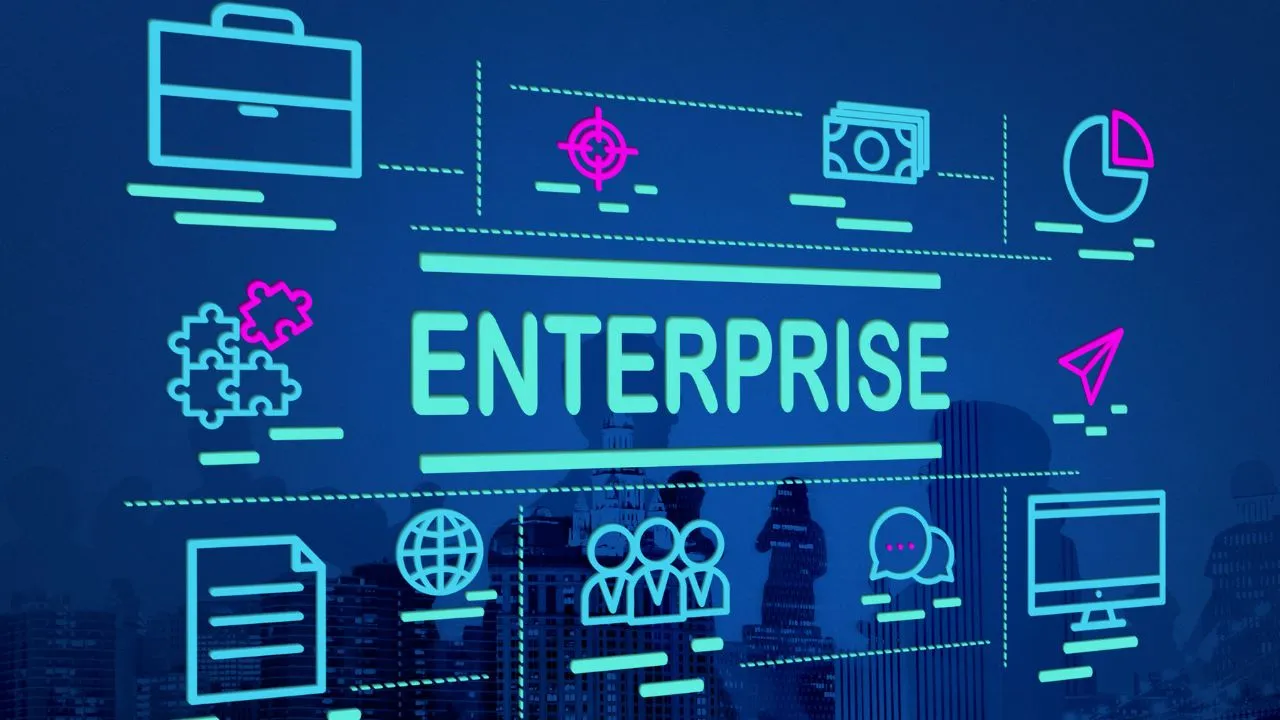 A digital graphic with the word "ENTERPRISE" in large blue letters, surrounded by neon-style icons for business strategy, including a briefcase, target, money, globe, and team.