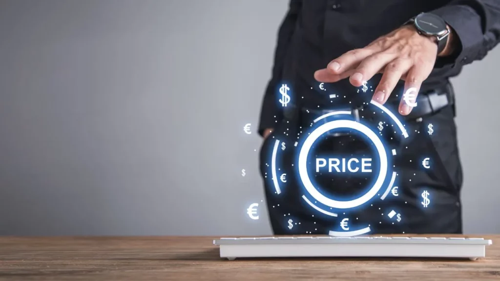 A person reaching toward a glowing circular interface that displays the word "PRICE," surrounded by floating currency symbols like dollars and euros.
