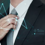 Close-up of a businessman in a suit adjusting his tie, overlaid with a glowing blue digital network graphic.