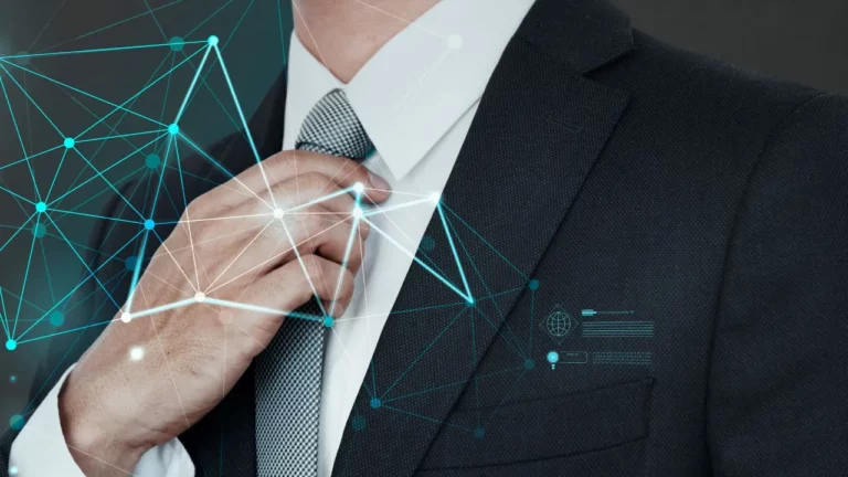 Close-up of a businessman in a suit adjusting his tie, overlaid with a glowing blue digital network graphic.
