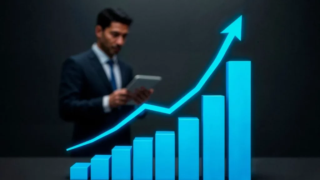 A businessman using a tablet in the background behind a glowing blue 3D bar graph with an upward-pointing arrow.