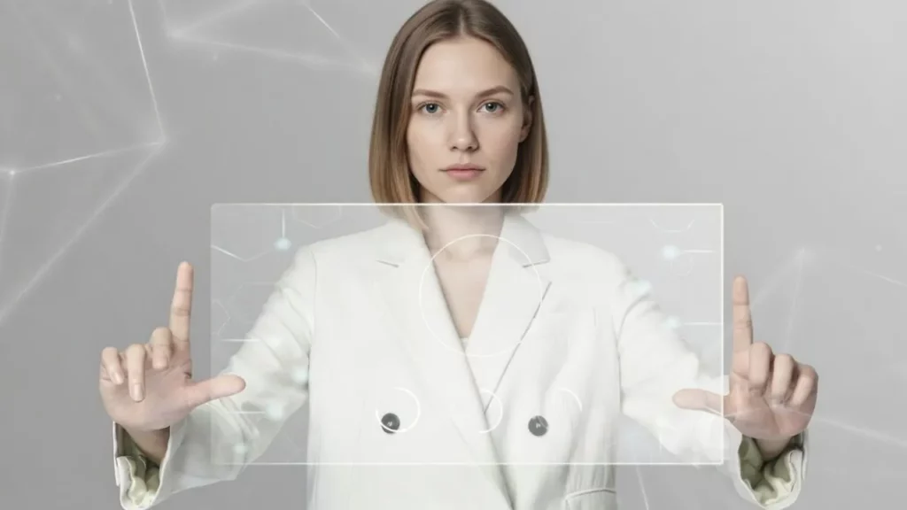 A woman in a white blazer interacting with a transparent, futuristic digital interface.