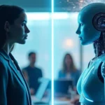 A woman in a business suit stands face-to-face with a futuristic blue humanoid robot in a modern office setting.