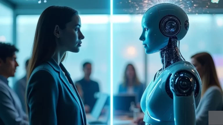 A woman in a business suit stands face-to-face with a futuristic blue humanoid robot in a modern office setting.