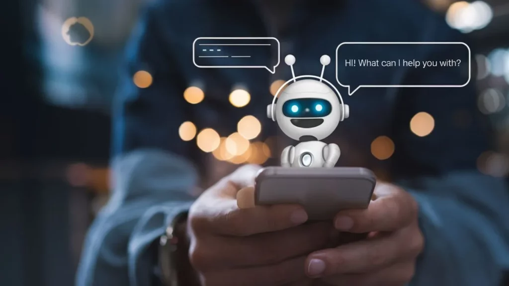 A small, friendly 3D robot sits on top of a smartphone screen with a speech bubble saying, "Hi! What can I help you with?"